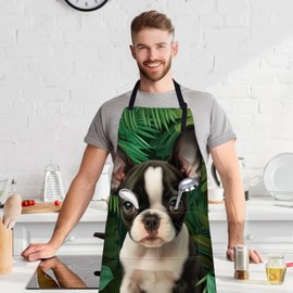 VODRM Cute Boston Terrier Apron with Adjustable Neck Strap,Dog Floral Puppy Kitchen Aprons with 2 Pockets for Women,28x33in,Oxford Fabric,Gifts for Wife Mom,For Chef Cooking Baking Gardening BBQ