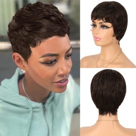 Fereowth Short Real Hair Wigs for Women Brown Short Pixie Cut Wigs Human Hair Wig Real Hair Wig Women's Short Straight Pixie Wigs (4# Colour)