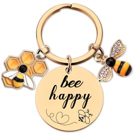 Bee Keyring Gifts for Women Girls - Inspirational Round Bee Happy Present for Teacher Friend Kids Gold, Cute Motivational Honeycomb Charms for Leaving Colleagues Men Graduation