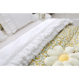 White Luxury Elegant Lace Bed Flat Sheet with Ruffles Bed Top Sheet King or California King Size 100% Cotton 1 Piece