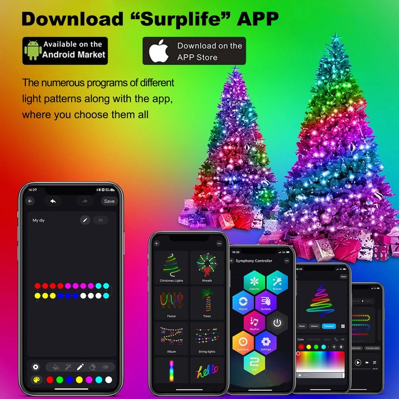Horsetail Christmas Tree Lights Decorations with Ring Smart APP, 160LED