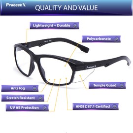 ProtectX Super Light Safety Glasses, Voyager Clear Scratch Resistant Anti-Fog Lenses, Black Retro Frames, ANSI Z87.1 Rated, UV Protection, Rubber Nose Pads, Temple Guards