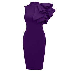 Memoriesea Women's Ruffle Sleeveless Bodycon Knee Length Party Pencil Midi Dress Purple