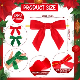 12 Pcs Velvet Christmas Twist Tie Bows 6"Pre Tied Ornament Bows for Treat Bags Xmas Package Gift Wrapping Craft Basket Decoration(Red Green)
