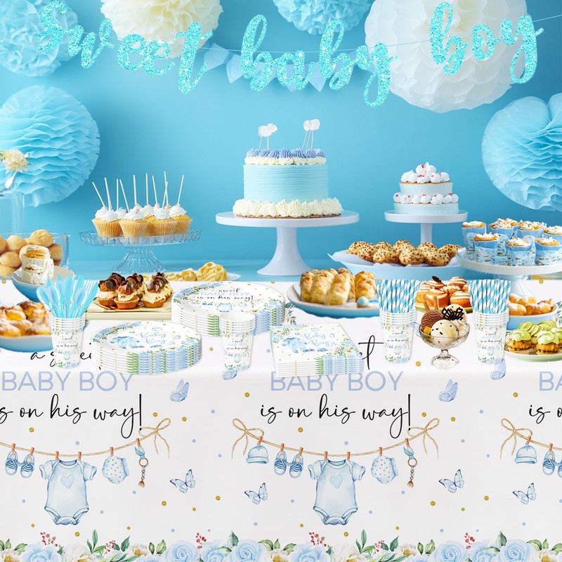 Srua Don Blue Baby Boy Baby Shower Decorations Tablecloth, Greenery