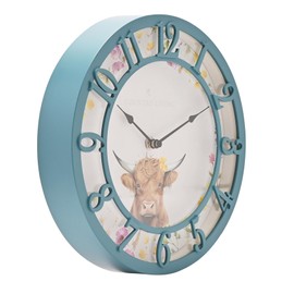 Country Living - Blue Highland Cow Clock - Indoor & Garden Homeware and Gifting - Spring/Countryside Theme Home Decor - Designed for Outside Use - H: 25cm x W: 25cm.