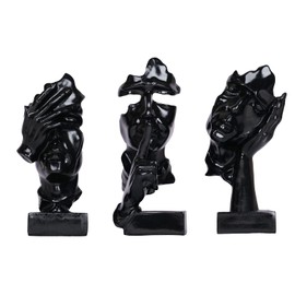 Dawbun 3 Piece Black Silence is Thinker Statue Black Home Decor Abstract Face Sculpture Resin Figurines for Desktop Office Desk Living Room Collection Figurine Decoration Bookshelf Decorative Objects