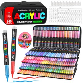 240 Colors Acrylic Paint Markers, Acrylic Paint Pens with Direct-Liquid Ink Control System.1-5mm Soft Brush Tip Paint Pens & Paint Markers for Rock, Wood, Canvas, Glass, Fabric, Metal, Plastic, Paper