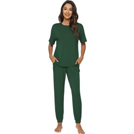 WiWi Viscose from Bamboo Pajamas Set for Women Short Sleeve Loungewear 2 Piece Outfit Long Pants Jogger Sets S-XXL, Deep Green, Small
