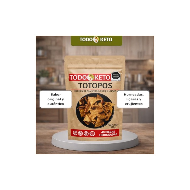 Totopos Keto Botana de Almendra 40 Piezas (Naturales) 125 gramos