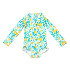 Coast & Crest Baby and Toddler Girl Long Sleeve Rash Guard One Piece Swimsuit Zesty Lemon Delight 12-18M