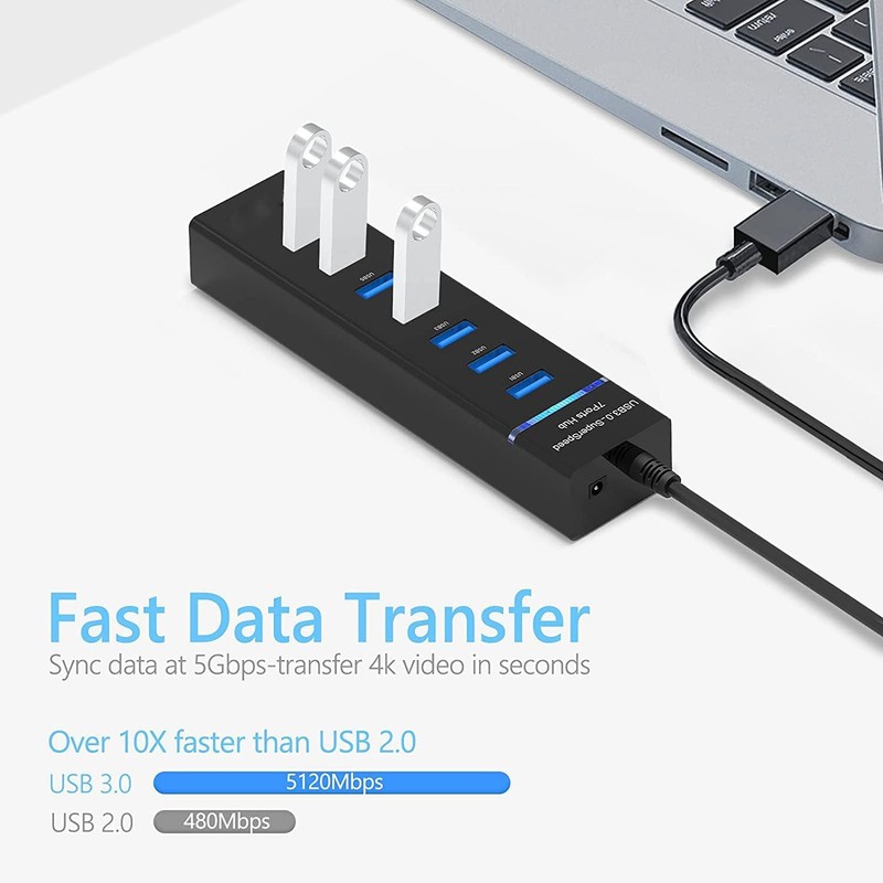 USB 3.0 Hub, 7-Port USB Data Hub Splitter for Laptop,