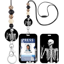 Plifal Teacher Lanyard for ID Badge Card, Funny Black Skeleton Women Beaded Breakaway Neck Lanyards Name Tag Badges Holder Aesthetic Work Keys Accessories