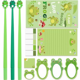 Feifeiya Sticky Notes Set with 3 Pcs Cute Gel Ink Pens 462 Sheets Self Stick Notes Pads Black Ink Pens Funny Stationery for Kids School Office Supplies Teacher Appreciation Gift(Frog)