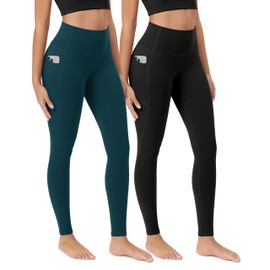 ODODOS 2-Pack Buttery Soft Full Length Lounge Yoga Leggings with Pockets for Women, 28" High Waist Yoga Pants, Black+Forest Teal, Large