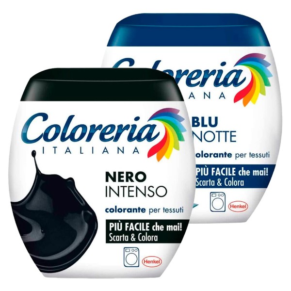 Coloreria Italiana Dye for Machine Fabrics Intense Black All-in-One Formula + Italian Coloreria Night Blue for Cotton Linen and Viscose – 2 Single Dose Packs
