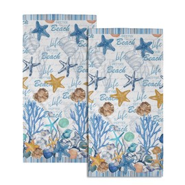 Imiss Coral Starfish Hand Towels for Bathroom，Nautical Coastal Seashell Guest Towels 14.4 x 28.3 Inch Set of 2 Soft Small Bath Towel Kitchen Dish Towels for Home Hotel Gym Spa
