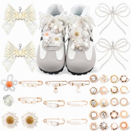 36Pcs Shoe Charms for Sneakers Bow Shoe Lace Charms Junk Sock Jewelry Kit for Women DIY Accessories Rhinestone Brooch Buttons Pearl Flower Clips Safety Pin Gold for Sneaker Hat Clothes Decoration
