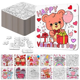 Realspring 24 Pack Color Your Own Jigsaw Puzzles for Kids Valentine's Day Coloring Puzzles DIY Paper Jigsaw Party Favors Gifts Exchange Classroom Activities Educational Game Toy