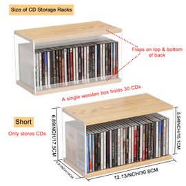 ihomecooker 2Pack Stackable Wood Acrylic CD Holder Desk Rack Organizer Holds up to 60 CD Jewel Cases Media Storage Rack for Movie & Video Games Collections (Natural Wood, Short)