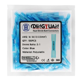 DINGYUAN 100PCS Heat Shrink Butt Connectors, Electrical Butt Connectors for Wiring - Waterproof Wire Connectors for Marine, Automotive, Motorcycle - Blue 16-14 AWG