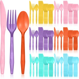 Honeydak 360 Pcs Macaron Colors Plastic Silverware Disposable Pastel Cutlery Flatware for Party 120 Forks 120 Knives 120 Spoons for Birthday Dinnerware Back to School Party Supplies