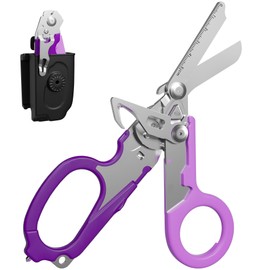 Trauma Shears with Black Holster, 6-in-1 Versatile Trauma Shears Foldable, Stainless Steel Medical Shears for Outdoor Emergency Rescue, Ideal for EMTs, Nurses, and First Responders (Purple)