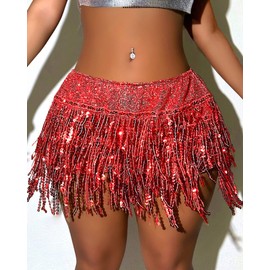 Faldas con borla para mujer, pantalones cortos, lentejuelas, falda de cadera, fiesta de rave, Halloween, cosplay, bar, danza del vientre, disfraz de discoteca, Rojo -, Large
