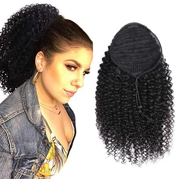 Kinky Curly Human Hair Ponytail with Wrap Drawstring 3C Brazilian Hair Natural Color Afro Kinky Curly Hair Piece Pony Wigs Clip-in Extensions (22", Curly)
