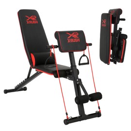 X-RUSH Multi-functional folding weight bench, adjustable weight bench, with 7 positions backrest adjustment and 2 training straps, 600 lbs capacity, suitable for full body workouts