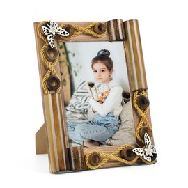 Picture frame 5x7" FOLKOR bohemian photo frame, handmade bamboo frame for child nature meets art commemorative frame, desktop Display, butterfly decoration suitable for bedroom, living room, study, etc.