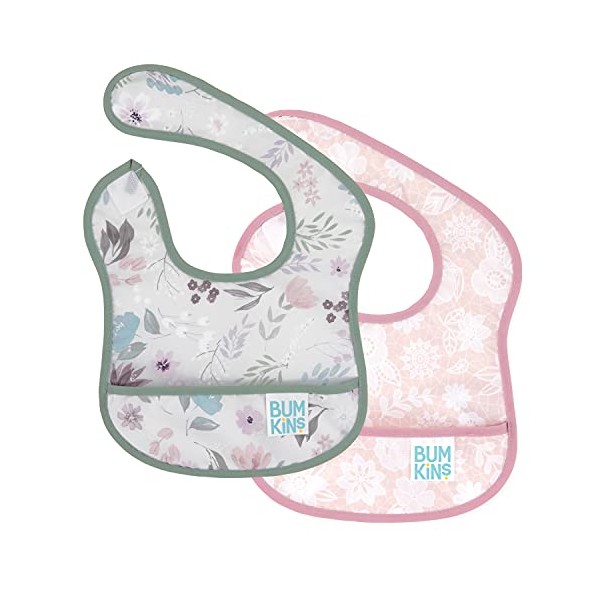 Bumkins Starter Bib, Baby Bib Infant, Waterproof Fabric, Fits Infants and Babies 3-9 Months - Floral & Lace (2-Pack)