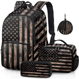 Fihevur American Flag Backpack Set for Boys, Kids Camo USA flag Backpack for School with Lunch Box and Pencil Case Coin Purse, School Bookbag for Boys