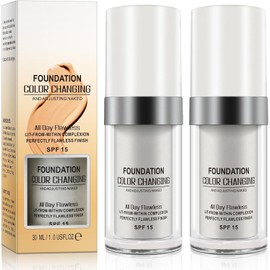 2Pack Colour Changing Liquid Foundation,Liquid Makeup Base Nude Face Cover Concealer Cream,Moisturizing, Sunscreen,for all Skin Tone SPF15,30ml