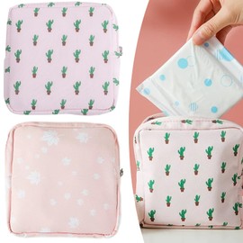 2pcs Nylon Sanitary Towel Storage Bag,Portable 13x13x3cm, with White Cactus and Pink Maple Leaf Pattern Object Storage Bag for Teenagers, Women and Girls