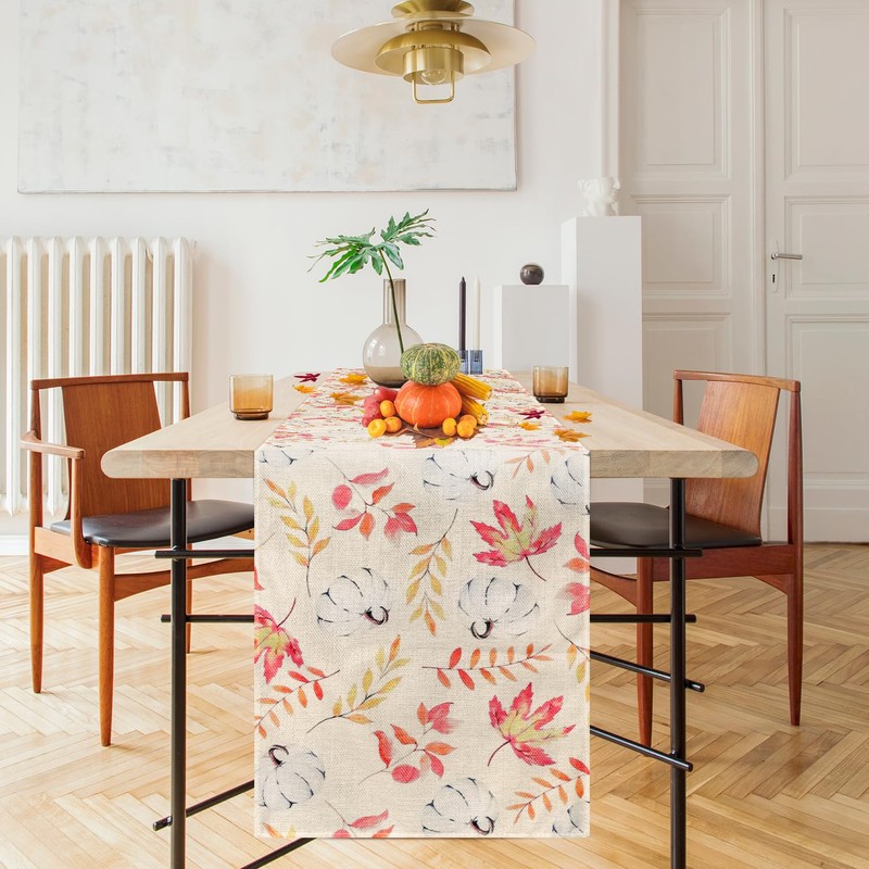 Thanksgiving Table Runner, 72x13in Pumpkin Fall Maple Leaves Table Runner