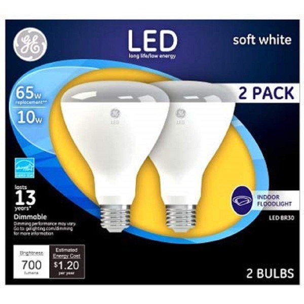 GE Lighting Indoor Floodlight Led Bulb, Dimmable, Br30, Soft White, 700 lumens, 10w (65 W Replacement) 2-pk