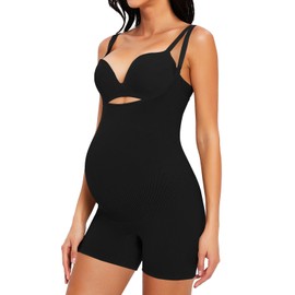 Women's Maternity Bodysuit Pregnancy Shapewear Shorts Bustless Sleeveless Tank Top Belly Support Rib Romper Jumpsuit, Black, Large