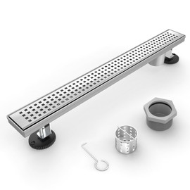 HTOH Shower Drain Offset for Bathroom: 24-Inch Brushed Nickel Linear Shower Drain with Removable Grate - 304 Stainless Steel Rectangle Shower Floor Drain Side Outlet with Hair Catcher, Adjustable Feet