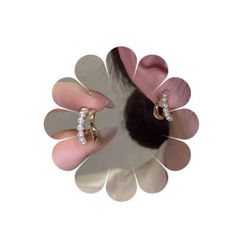 Allereya Vintage Pearl Hoop Huggie Earrings Faux Pearl Circle Earrings Gold Layered Hoops Earrings Minimal Pearl Earrings Jewellery for Women and Girls