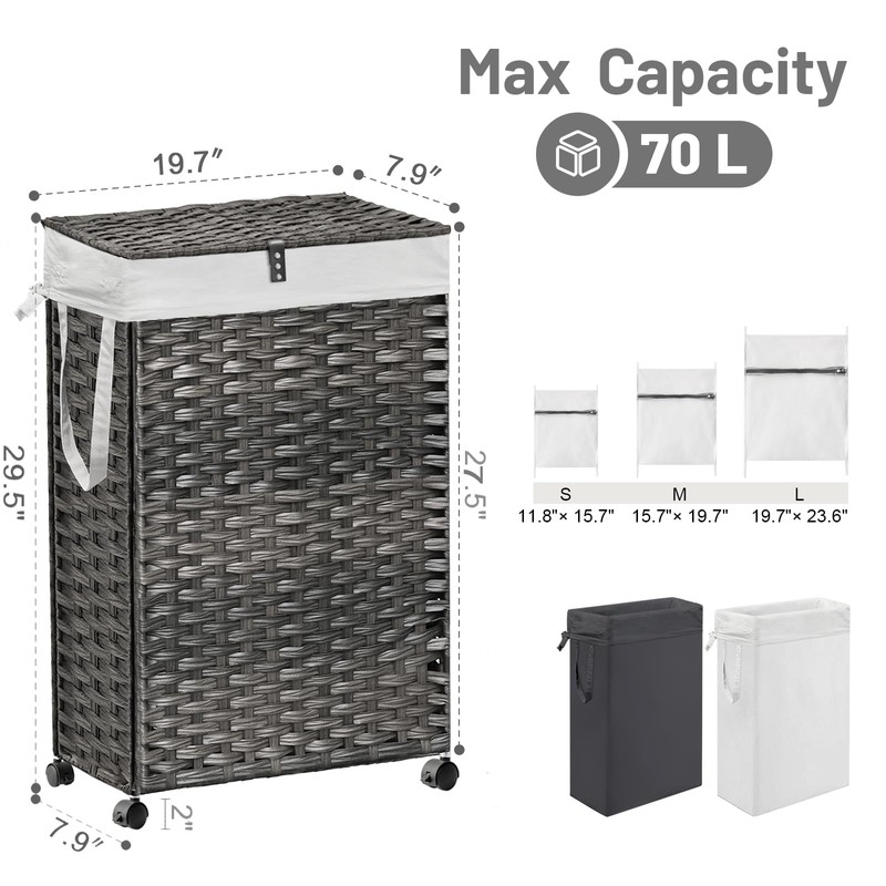 70L Slim Laundry Hamper with Lid & Wheels, Rolling Laundry