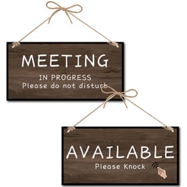 CREATCABIN Meeting Available Sign Meeting In Progress Door Sign Available Please Knock Office Door Sign Wooden Hanging Wood Plaque with Jute Twine Wall Art Decor for Office Decoration Hanger 12x6Inch