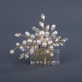 Teyglen Gold Bride Pearl Wedding Hair Comb Bridal Crystal Hair Side Comb Small Cute Rhinestone Pearl Hair Piece Hair Accessories for Women (Gold)