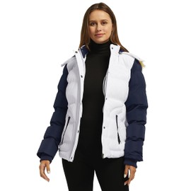 wantdo Women's Winter Coats Casual Fur Hooded Quilted Jacket (White & Navy, Small)