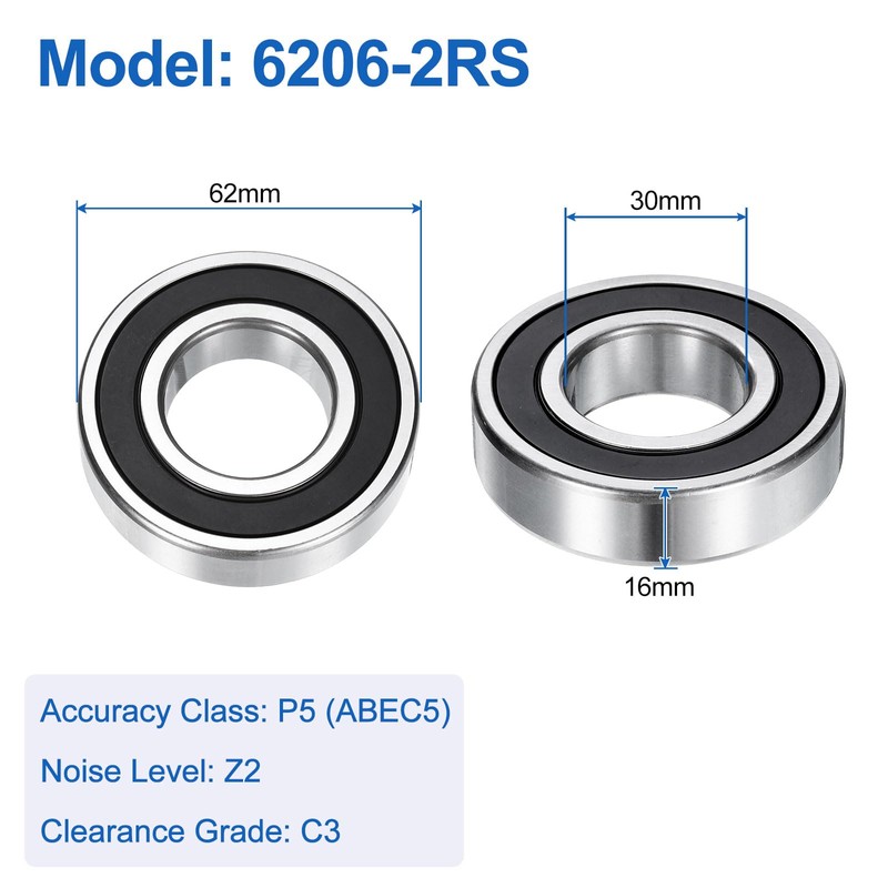 sourcing map 6206-2RS Deep Groove Ball Bearings, 2pcs 30mm I.D