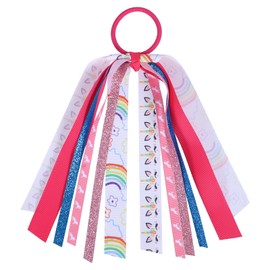 8.7in Unicorn Ponytail Streamer Glitter Rainbow Bow Pony Holder Elastic Hair Tie Band Accessories for Girls Teens Kids Women Princess Dress up Costume Birthday Party Favor Gift