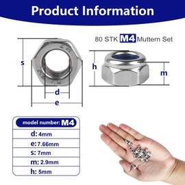 80 Piece M4 Nut Set, Self-Locking Nuts, DIN985 Nut M4 Stainless Steel Standard A2 V2A Nuts, Metric Hex Nuts M4, Locking Nuts, Stop Nuts, Lock Nuts, Screw Nut