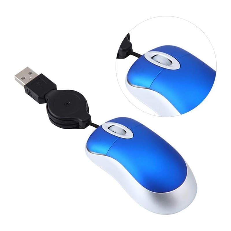 Veumoie 3-Pack Wired Optical Mouse, USB, Blue, Portable, Retractable Cord,