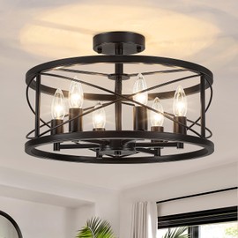 6-Light Black Semi Flush Mount Ceiling Light, 16.53'' Modern Farmhouse Close to Ceiling Light Fixtures, Ceiling Lamp for Hallway Entryway Foyer Dining Room Living Room Bedroom Kitchen Light Fixtures