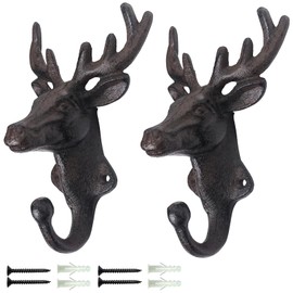 DreamsEden Cast Iron Deer Wall Hook, Heavy Duty Deer Head Single Hook Wall-Mount Decorative Elk Metal Coat Rack Keys Hanger (2 Pcs)